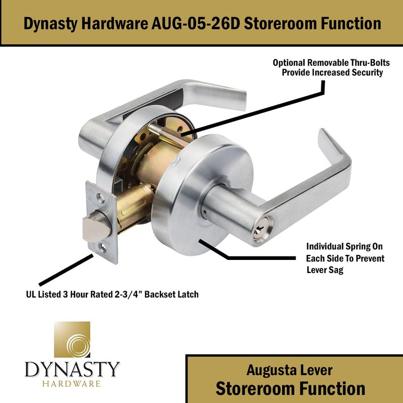 Dynasty Hardware Storeroom Door Lock Keyed Lever Lockset, ADA Compliant, Grade 2 Heavy Duty Locking Handle for Storage Room or Commercial Facility, Satin Chrome Finish, Model AUG-05-26D - Image 5